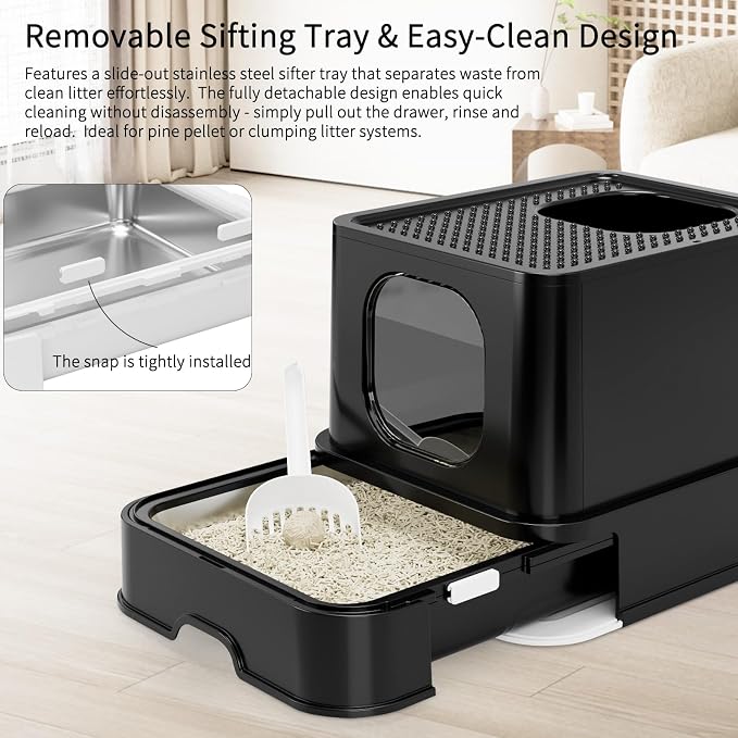 RIZZARI Stainless Steel Cat Box: All Black Covered Design with High Sides to Prevent Leaks - Easy-Clean Drawer & Non-Stick Coating for Odor Control - Dual Entry with Top Exit - Bathroom Garage