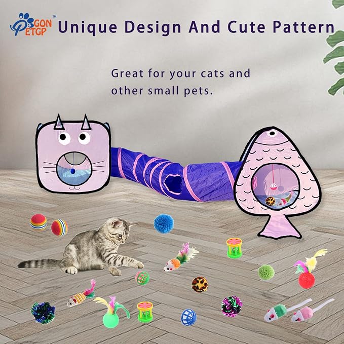 GONPET Set for Indoor Cats: 23 PCS Kitten Toys, Incl. Collapsible Pet Tunnel, Interactive Cat Teaser Wand & Balls