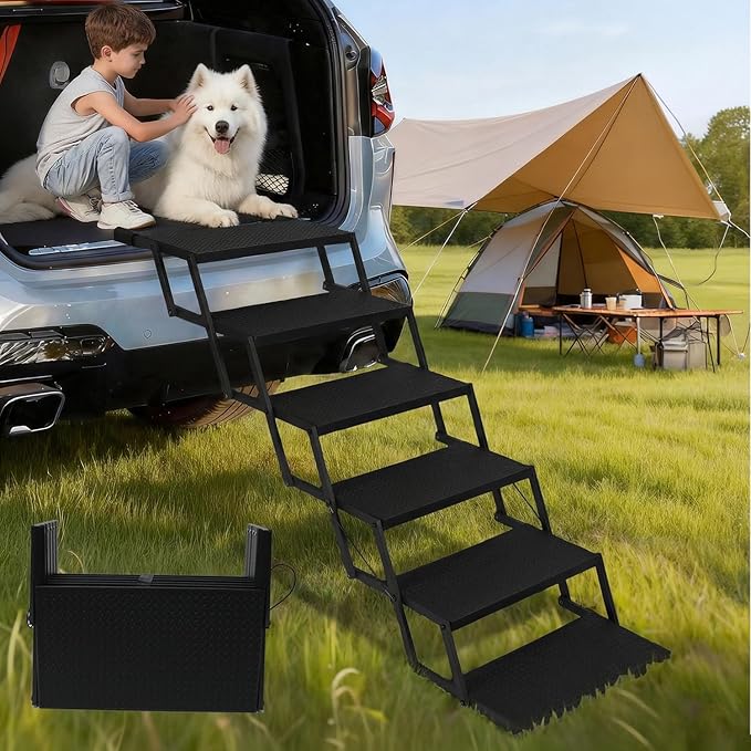 Dog Steps for Car, Truck, SUV, Dog Ramps for Cars with High Traction Surface, Portable Waterproof Dog Stairs for Large Dogs, Supports Up to 200 lbs, 6 Steps