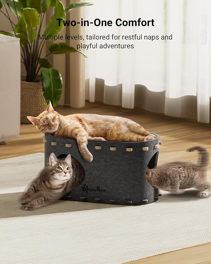 DownyPaws Cat House for Indoor Cats, Cat Bed Cave for Multiple & Large Cats Up to 22 Lbs, Scratch Resistant Peekaboo Cat Caves, Foldable Cat Tunnel Enclosed Bed, PeekaPurr, Cream and Sesame Gray