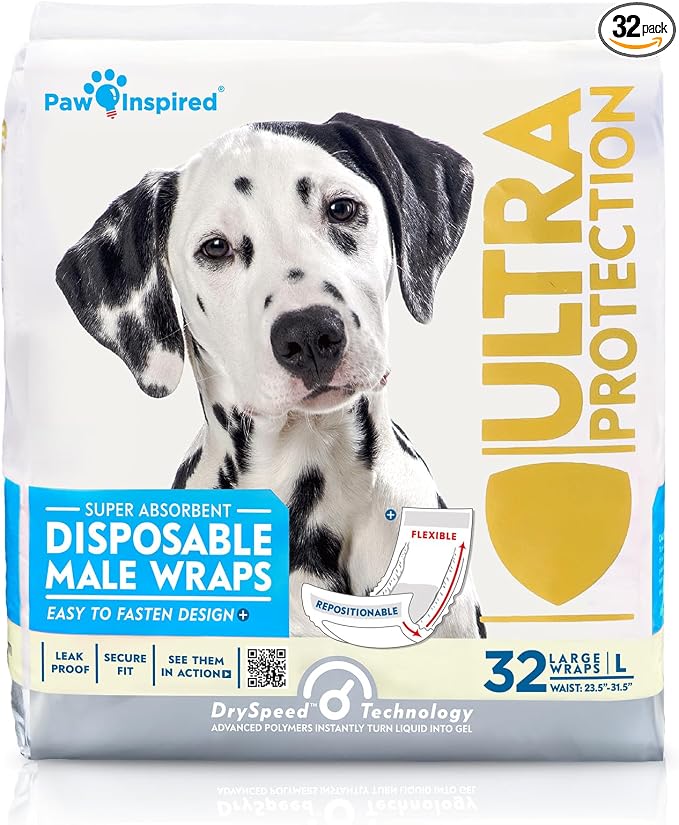 Paw Inspired Male Dog Wraps, Disposable Dog Diapers | Belly Bands for Small, Medium, Large Dogs (32 Count, Size Large)