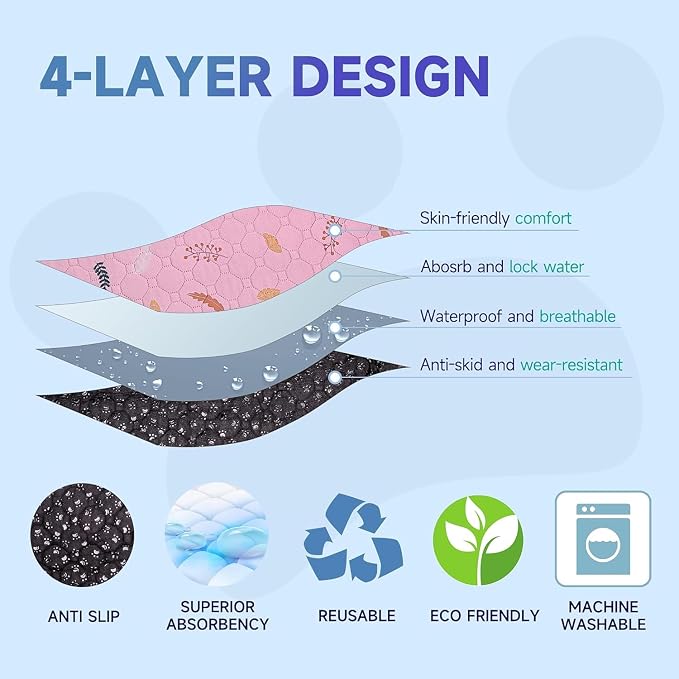 Sunheir Washable Pee Pads for Small Pet 5-Pack, Reusable Pet Training Pads Absorbent & Leak-Free, Waterproof Pee Pads for Dog Cat Rabbit Guinea Pig Hamster, Whelping Pad (Leaves - Pink, 12x12)
