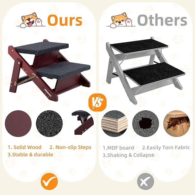 MEWANG Wooden Pet Stairs/Pet Steps - 2-in-1 Foldable Stairs & Ramp for Beds and Cars - Portable Dog/Cat Ladder Up to 220 Pounds - Great for Small and Older Animals(Brown) (17.3" L x 17.24" W x 13" H)