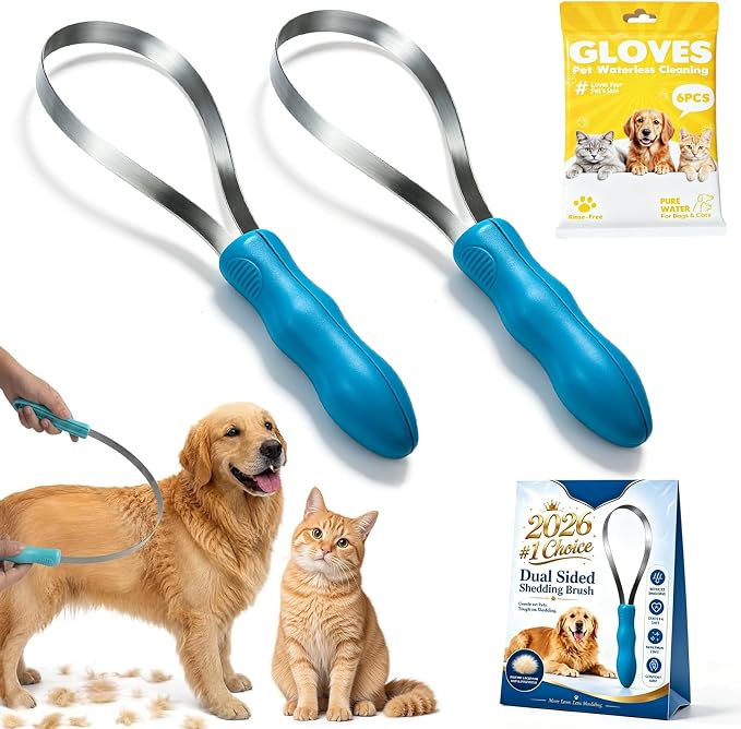 Dual Sided Shedding Blade for Cats, Dogs & Horses, Dog Deshedding Tool with Fine & Coarse Stainless Steel Teeth, Double Sided Shedding Blade for Short Long Thick Coats, Removes Loose Undercoat (#A*2)