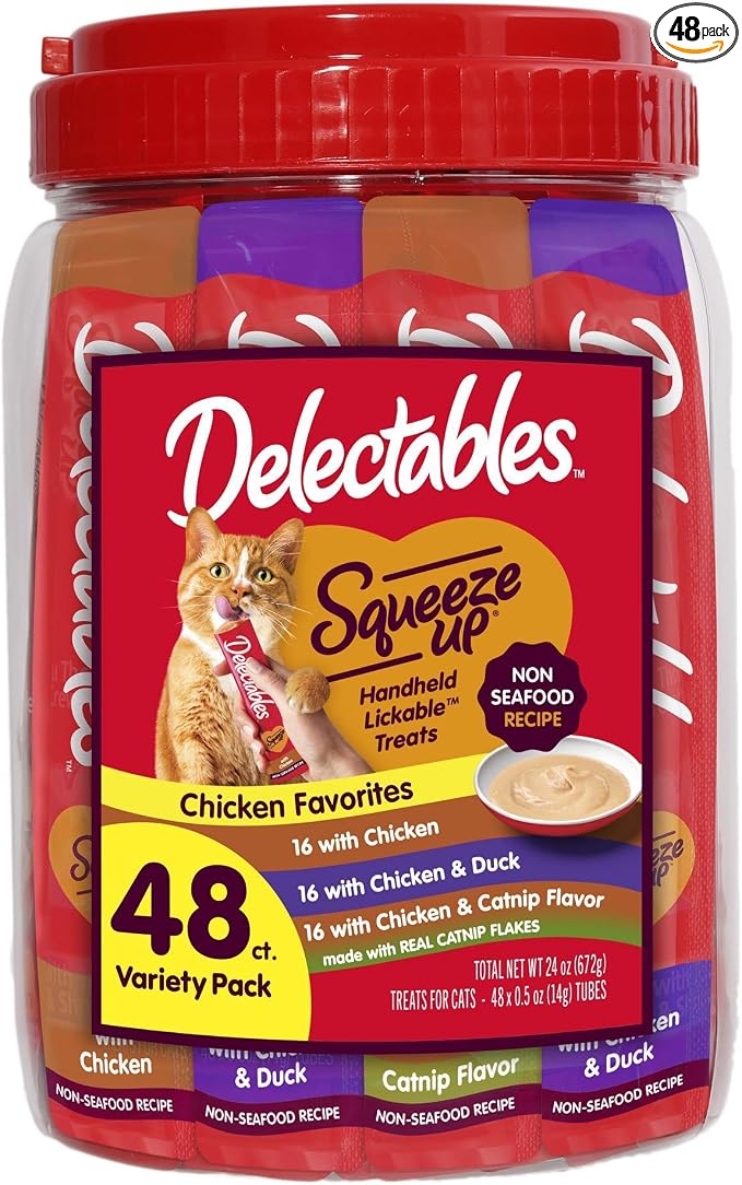 Delectables Squeeze Up Non-Seafood Chicken with Duck & Catnip Variety Pack, Creamy Squeezable Puree, Lickable Wet Cat Treats, Grain-Free, No Added Fillers, 0.5 Ounces Tube, 48 Tubes Total