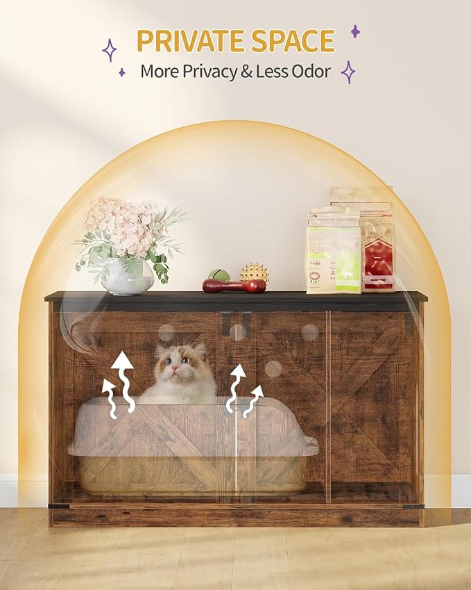 Hzuaneri Cat Litter Box Enclosure with Cushion, Hidden Litter Box Furniture with Removable Dividers, Reversible Entrance Left or Right Side, Cat House, Rustic Brown and Black CB84701X