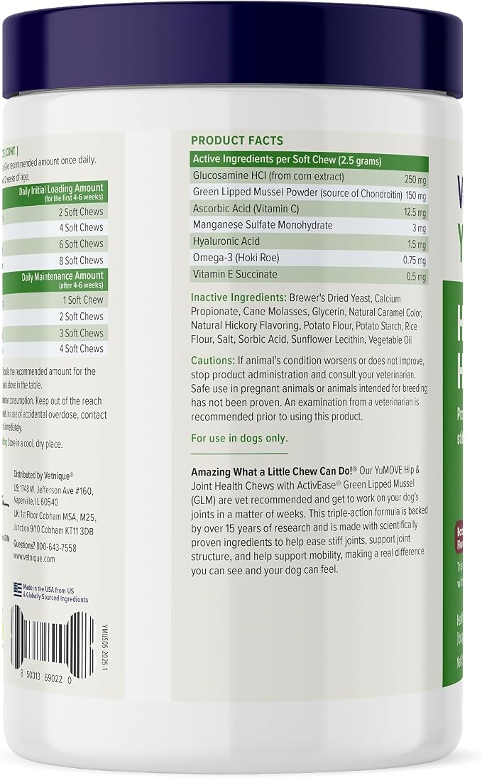 YuMOVE Adult Dog Hip & Joint Soft Chews, ActivEase Green Lipped Mussel, Glucosamine for Dogs, Hyaluronic Acid & Omega 3 - Barbecue Flavor (300ct Chews, Regular Strength)