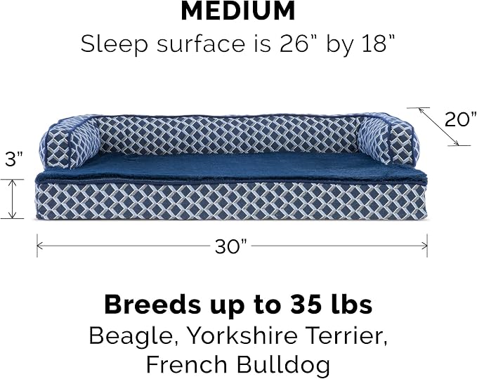 Furhaven Memory Foam Dog Bed for Medium/Small Dogs w/ Removable Bolsters & Washable Cover, For Dogs Up to 35 lbs - Plush & Woven Decor Comfy Couch Sofa - Diamond Blue, Medium