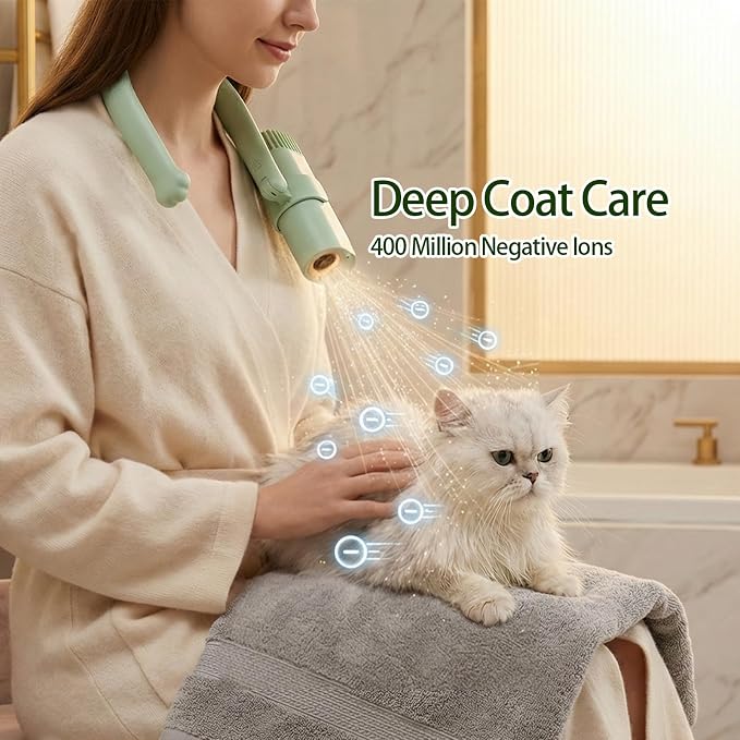 Neck Dryer for Pet Grooming 1400W High Velocity - Hands-Free Neck Band Pet Hair Blow Dryer, Low Noise Negative Ion Pet Grooming Dryer with 4 Heat/Cool Modes Quiet Neck Dryer for Dogs Cats Home & Salon