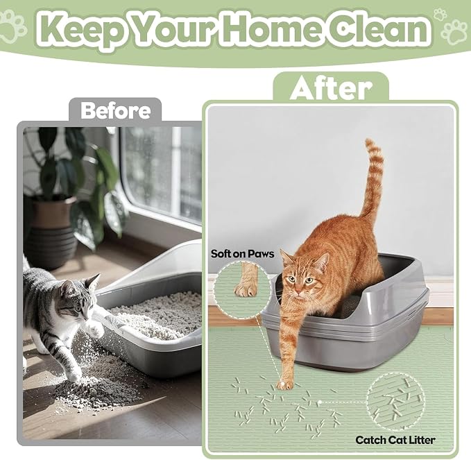 Kalolary Cat Litter Mats, 40" x 28" Extra Large Silicone Cat Mat for Litter Box, Easy to Clean Kitty Litter Trapping Mat, Soft on Kitty Paws, Waterproof, Urine-Proof Kittys Litter Mats for Floor,Green