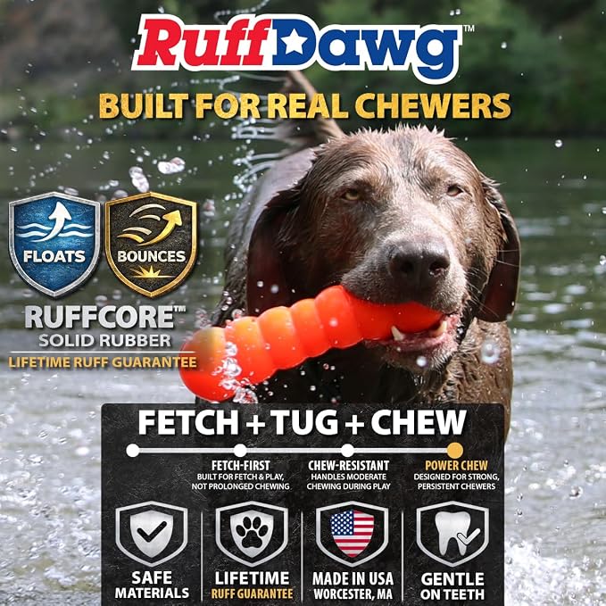 Ruff Dawg Indestructible Dawg-Buster Medium Pink – Heavy-Duty Solid Rubber Dog Chew Stick for Dogs Under 40 lbs – Floats & Bounces – Made in USA