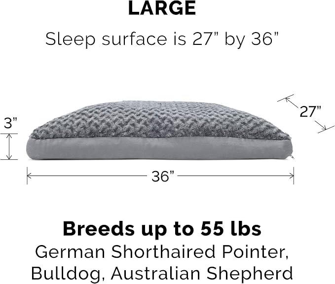 Furhaven Pillow Dog Bed for Large/Medium Dogs w/ Removable Washable Cover - Ultra Plush Faux Fur & Suede Mattress - Gray, Large