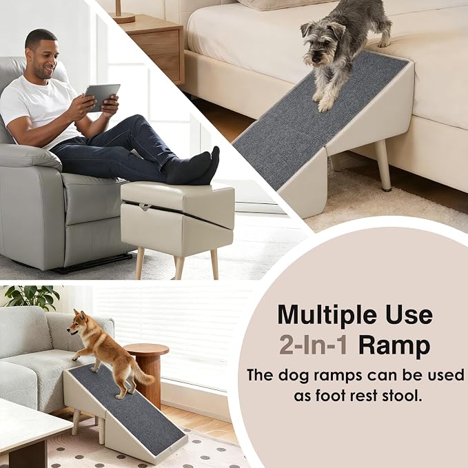 Ottoman Dog Ramp, Dog Stairs for Small Dogs, 2-in-1 Foldable Pet Steps & Ottoman, Non-Slip Wooden Ramp for Couch & Bed, Pet Stairs for Puppy, Senior & Injured Dogs Gray