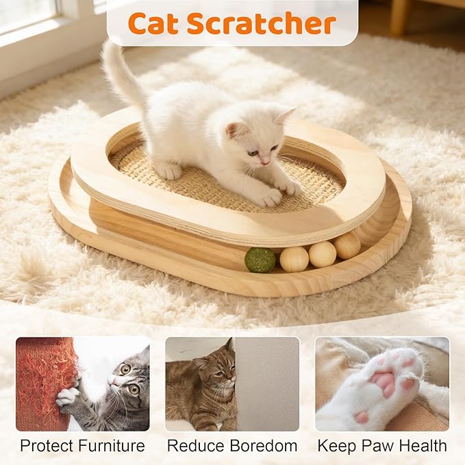 Cat Scratcher, Natural Sisal Cat Scratcher Pad & Interactive Kitten Toy with Ball Track and Catnip Ball for Indoor Chasing, Hunting, Mental and Physical Exercise, Puzzle for Small Cats