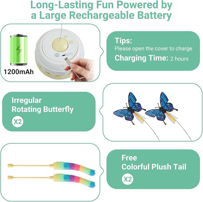 Interactive Cat Toy for Indoor Cats, Rechargeable Touch Activated Kitten Toy with Dual Motion Butterfly & Feather Tail, 3 Speed Automatic Smart Play for Exercise & Boredom Relief