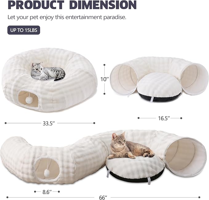 Bubble Cat Tunnel for Indoor Cats, Round Peekaboo Cave Toy with Dangling Balls, Donut Tunnel Bed with Circle Mat for Puppy Kitten Rabbit, Cream White