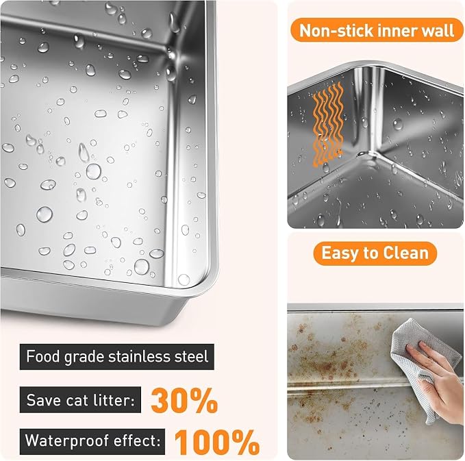 Stainless Steel Cat Litter Box with Natural Sisal Cat Scratching Mat Non-Sticky,Anti-Leakage,Easy Cleaning
