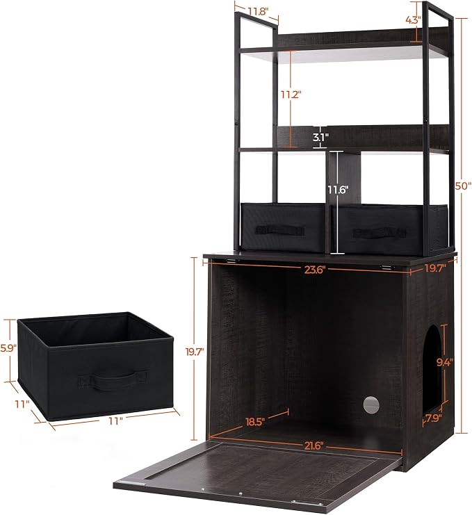 Dwanton Litter Box Enclosure with 2 Storage Shelves and 2 Drawers, 2-in-1 Hidden Cat Litter Box Enclosure Furniture with Shelf, Reversible Entrance, Washable Drawers, 50-Inch, Dark Grey