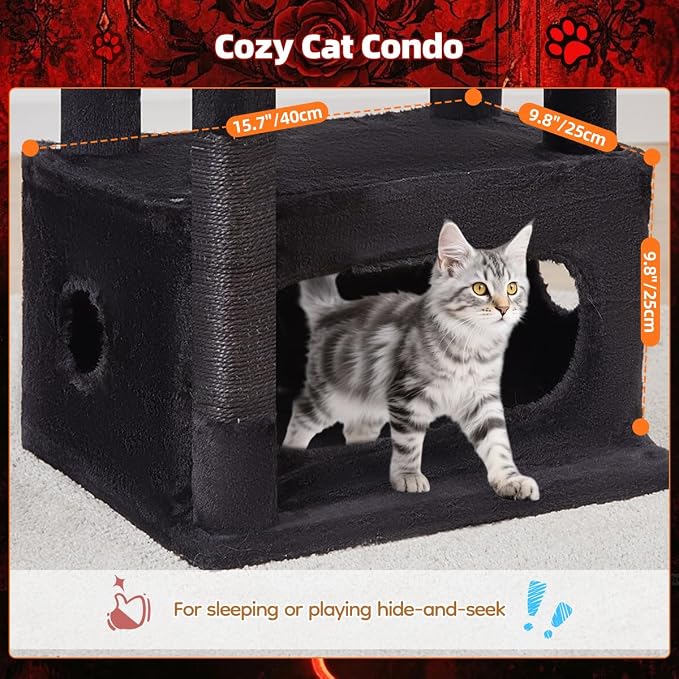 Taoqimiao Gothic Cat Tree,38.5-Inch Cat Tower for Indoor Cats,Suitable for Kittens with Luxurious cat condo with Adjustable Baskets and Luxurious Perch MS029SBR Black and Red