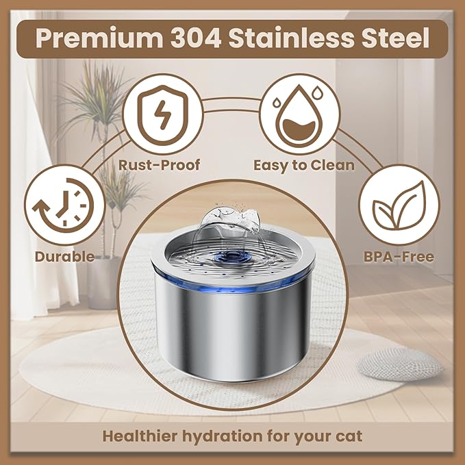 Cat Water Fountain Stainless Steel, 74oz/2.2L Automatic Pet Fountain with 3 Replacement Filters, Ultra Quiet Water Dispenser for Cats Indoor, LED Monitoring Water Level, Easy Clean
