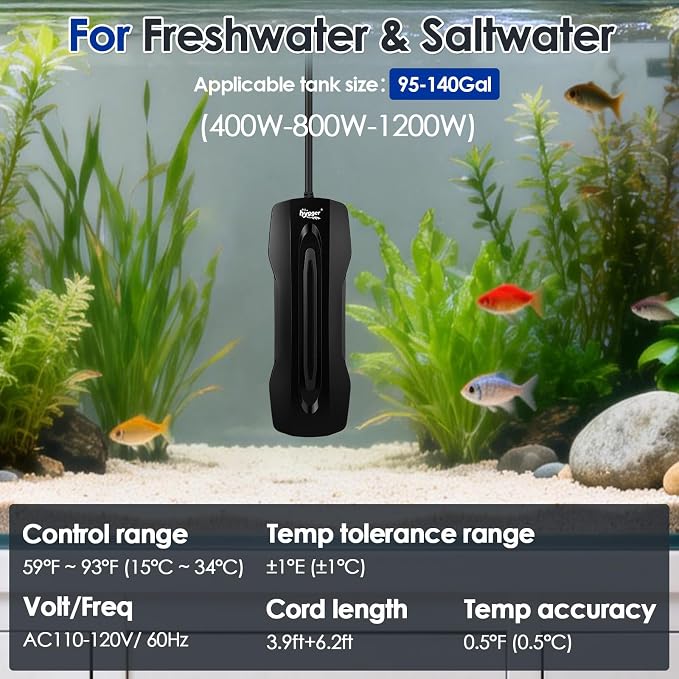 hygger Aquarium Heater Adjustable Triple-Power, Submersible Fish Tank Heater Four Season Power Change, with Digital Controller Abnormal Error Stop Protection for Freshwater Saltwater (400W-800W-1200W)