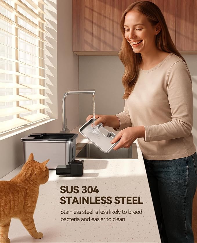 Cat Water Fountain Stainless Steel Visual Filter Cordless Battery Operated Water Fountain for Cats Indoor - 3.2L & 6 Pack Replacement Filters + 6 Pump Sponges