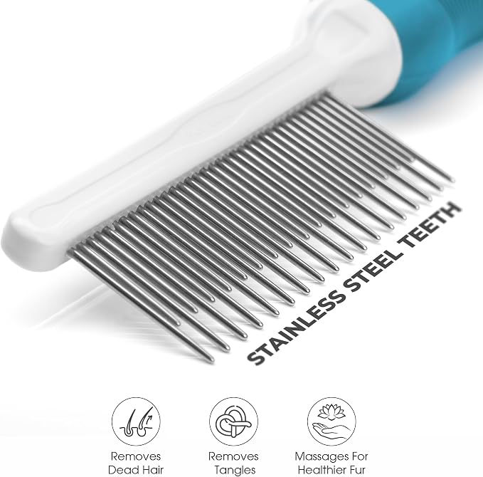 Poodle Pet Bundle - Dematting Fur Rake Comb Brush Tool with Steel Safety Blades and Detangling Pet Comb with Long and Short Stainless Steel Teeth for Detangling Matted or Knotted Undercoat Hair (Blue)
