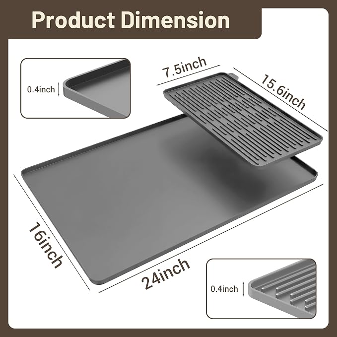 Silicone Coffee Mat for Countertop, 24x16 inch Heat Resistant Espresso Machine Mat, Non-Slip Coffee Bar Mat with Detachable Drying Area and Raised Edge, Waterproof Station Pad - Grey