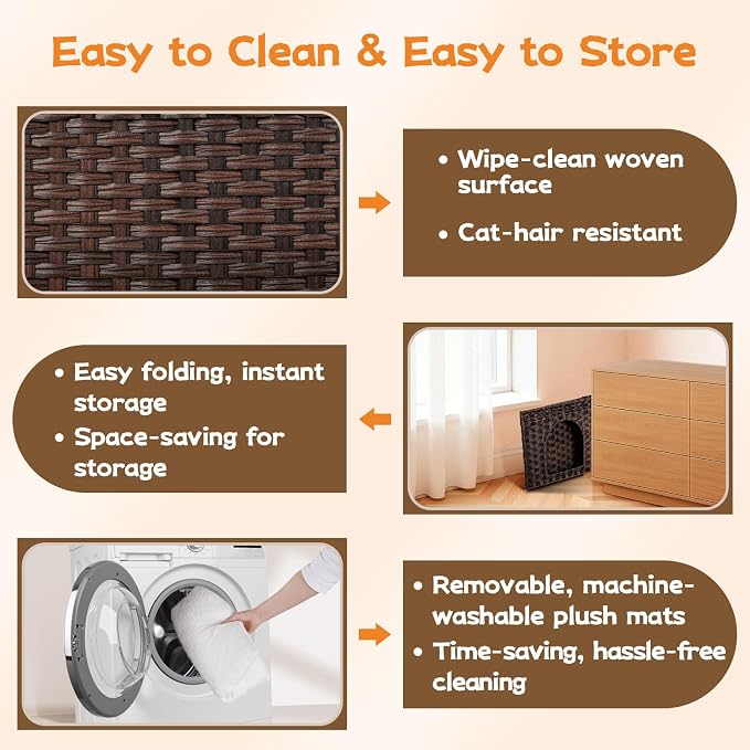 Snughome Handwoven Rattan Cat House - Indoor Foldable Cat Bed Cave with 2 Removable Bed Mats, Large Kitten House, Hideaway Pet Cube, 16.54 x 16.54 x 12.6 Inches, Brown, for Living Room & Bedroom