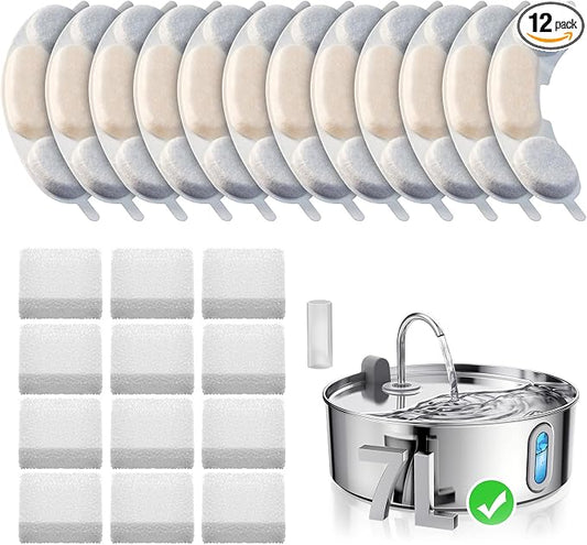 Smartoo Official 12 Packs Dog Water Filter Replacement and 12 Sponges with 1 Pump Holder for 7L/236oz/1.8Gal Stainless Steel Dog Water Fountain