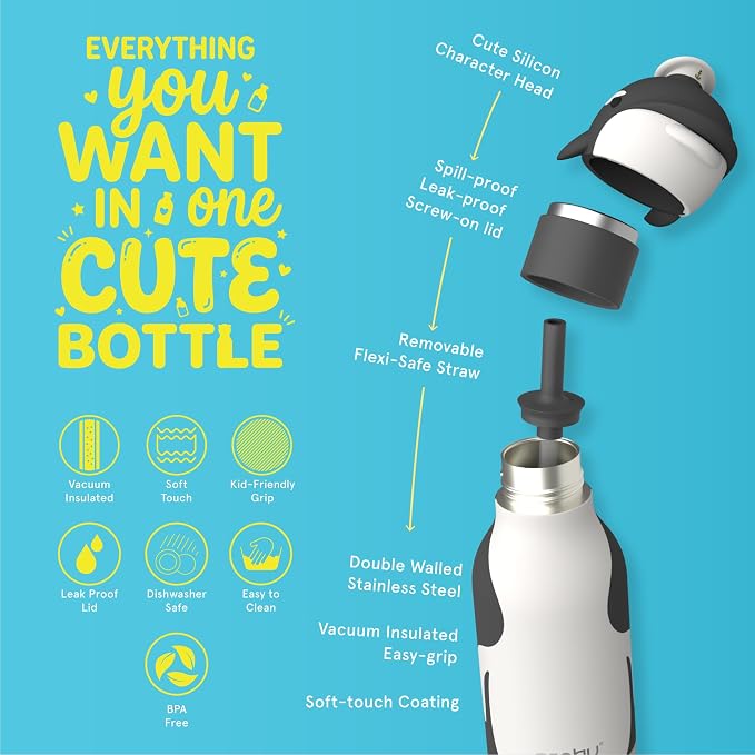 Asobu Bestie Bottle Limited Edition Collectible Kids Water Bottle with Animal Character Lid 16oz (460ml) Insulated Stainless Steel, Leakproof, Reusable with Straw Fun Gift for Girls & Boys