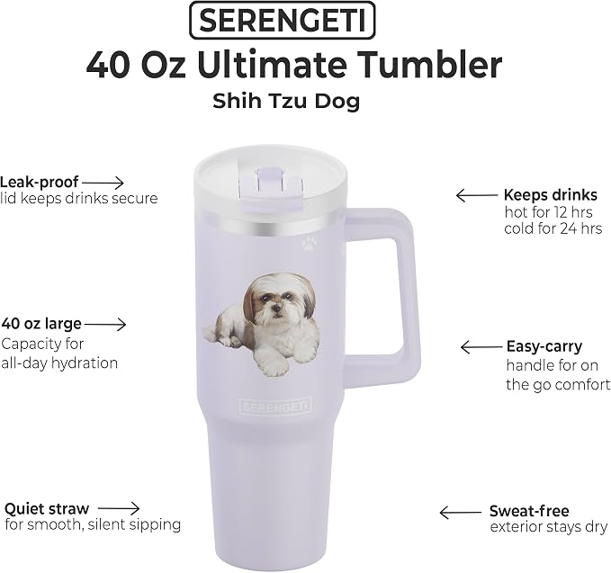 SERENGETI 40 Oz Ultimate Tumbler with Handle and Straw - Vacuum Insulated Tumbler with Straw and Lid - Stainless Steel Travel Mug for Pet Lovers - 3D Designs of your favorite Dog (Shih Tzu Tan)
