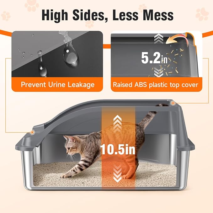 2PACK Stainless Steel Litter Boxes, Extra Large XL Odor Free Metal Litter Box with High Sides, Open Top Litter Pan Include Scoop Easy Cleaning Anti-Scratch Kitty Cat Box Anti-Urine Leakage, Non-Sticky