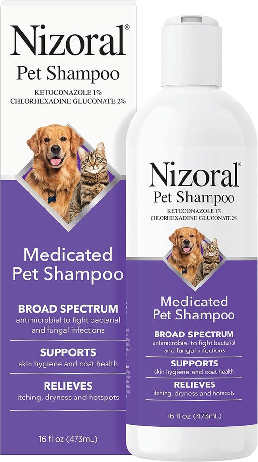 Nizoral Ketoconazole Pet Shampoo for Dogs and Cats, 16 Oz, 1% Ketoconazole, 2% Chlorhexidine Gluconate, Antifungal, Antimicrobial Support, Skin Health, Odor Control, Dog Itching Skin Relief Shampoo