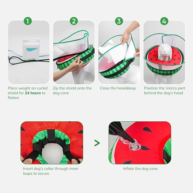 Supet Raised Inflatable Dog Cone After Surgery - Adjustable Recovery Donut Collar with Removable Shield to Stop Licking Wounds & Protect Stitches - Soft Dog Cone Alternative for Dogs (Watermelon,XL)
