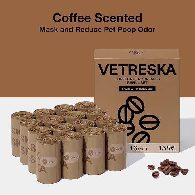VETRESKA Dog Poop Bags with Handles 240 Count, Coffee Scented Waste Bags, Leak-Proof Thick Dog Bags for Poop, Easy-Tie Large Poop Bags, 16 Refill Rolls for Dog Walking Cat Litter