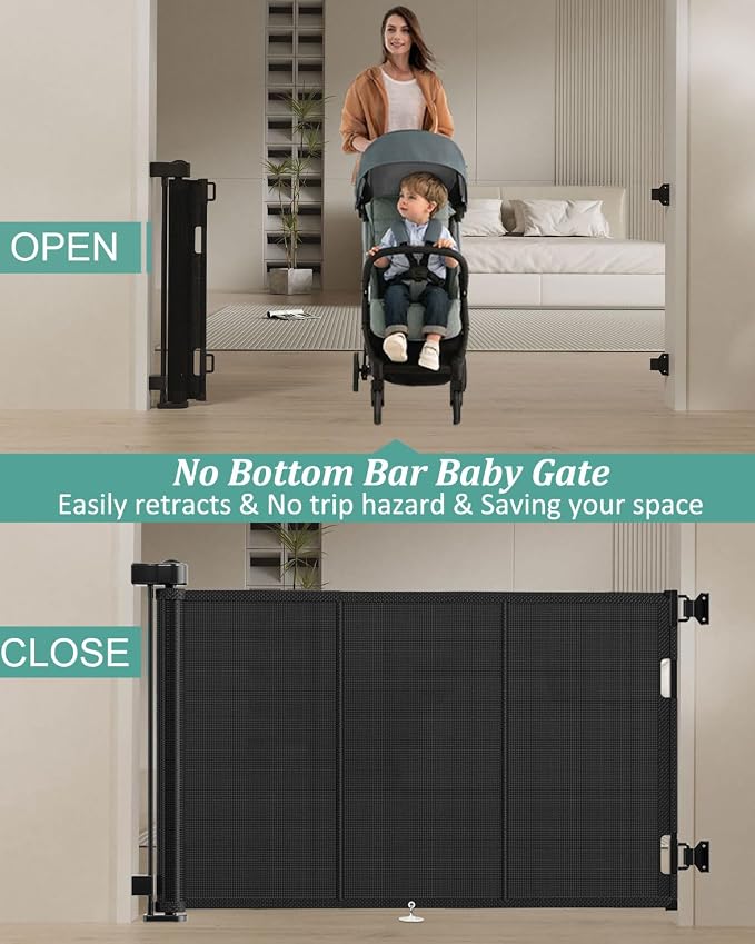 Miumoon 71 inch Retractable Baby Gates 34 inch Tall, Retractable Gate with Reinforced Strip Design to Prevent Crawling Through, 6 FT Retractable Dog Gate for Stairs, Doorways, Hallways, Indoor/Outdoor
