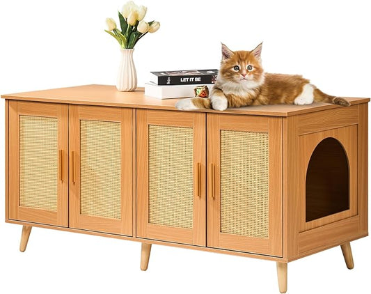 VEVOR Cat Litter Box Enclosure for 2 Cats, Litter Box Furniture Hidden with Double Rooms, Wooden Cat Box Cabinet Fit Most of Litter Box