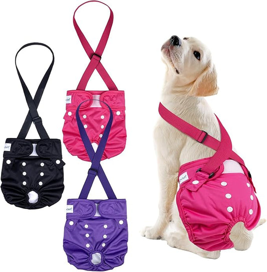 Pet Soft Dog Diapers Female with Suspenders, 3 Pack Reusable Female Dog Diapers for Heat, Dog Period Panties for Doggie in Cycle(Medium, Berry Mix)