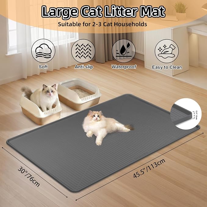 Silicone Cat Litter Mat, 45" x 30" Extra Large Litter Trapping Mat for Litter Box, Leak-Proof, Non-Slip, Kitty Litter Mats with Soft Texture for Floor, Keeping The Floor Clean (Dark Grey)