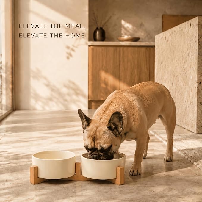 SPUNKYJUNKY Ceramic Dog and Cat Bowl Set with Wooden Stand, Modern Cute Weighted Food Water Set for Small Size Dogs (13.5OZ) & Medium Sized Dogs (28.7OZ) & Cats (3.6 Cups, 2 × Beige)