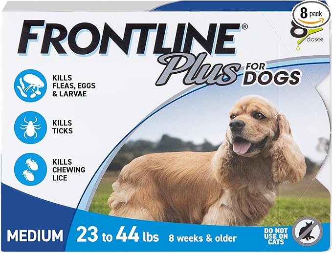 FRONTLINE Plus Flea & Tick Spot Treatment for Medium Breed Dogs 23-44 lbs. (Blue) Count of 8