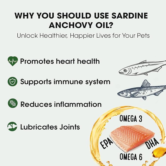 Iceland Pure Sardine Anchovy Oil | Wild Caught | 1597mg of Omega 3 per teaspoon | Unscented Pharmaceutical Grade | For Dogs and Cats | BPA-Free Brushed Aluminum Epoxy coated Bottle with Pump 8.75oz