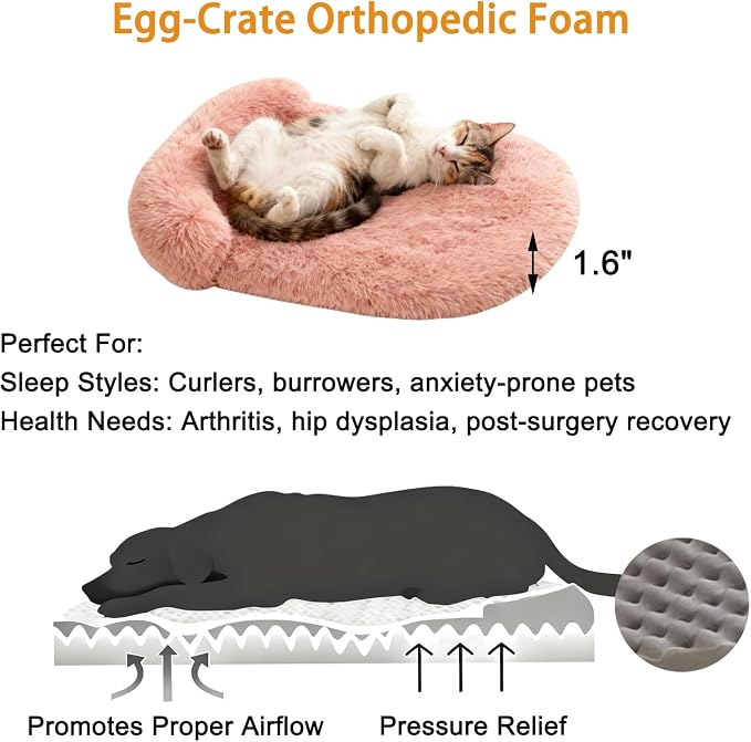 Orthopedic Dog Bed with Egg-Crate Base, Calming Dog & Cat Beds Long Plush with Raised Edges, Spine Friendly Pet Sleeping Mat for Small Medium Dogs, Machine Washable (Oval, Blush Pink 26"x20")