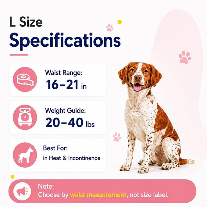 Disposable Female Dog Diapers for Waist 16–21 in, Leakproof, Super Absorbent, Soft Breathable Lining, for Dogs in Heat or Incontinence, 10 Count, L