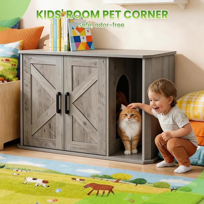 Modern Wooden Cat Litter Box Enclosure, Hidden Washroom Cabinet with Double Doors and Side Entry, Large Cat House End Table, Easy-Clean Sturdy Furniture