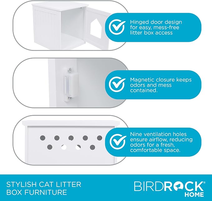 BIRDROCK HOME Cat Litter Box Furniture Enclosure - Hidden Kitty Litter Cat House with Hinged Door, Nightstand, Side Table & Pet Crate, Indoor & Outdoor Wood Cabinet for Small Cats and Dogs - White