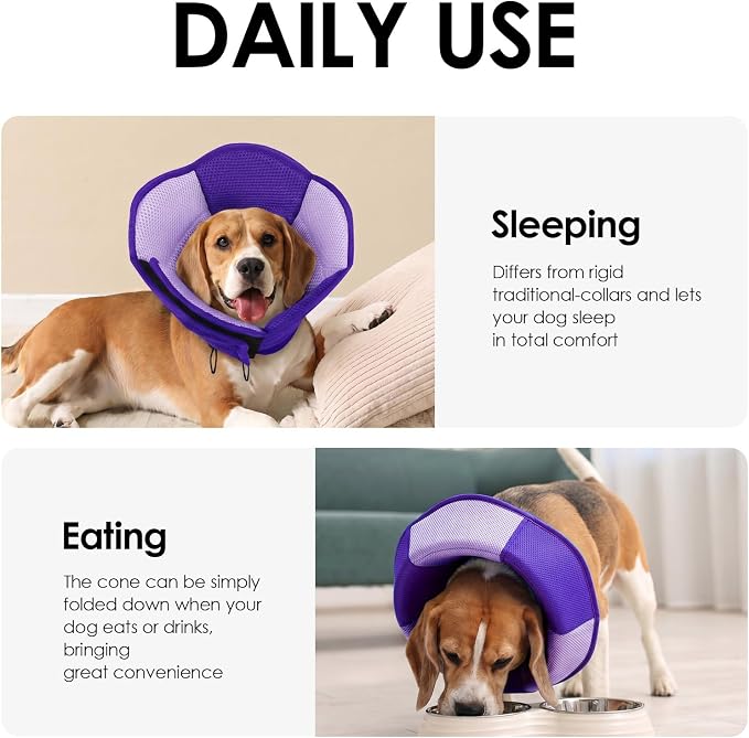 AOFITEE Dog Cone - Foldable Cone for Dogs After Surgery, Adjustable Comfy Cones to Stop Licking, Soft Dog Cone Collar for Large Dogs, Elizabethan Pet E-Collar for Wound Healing, Purple Large
