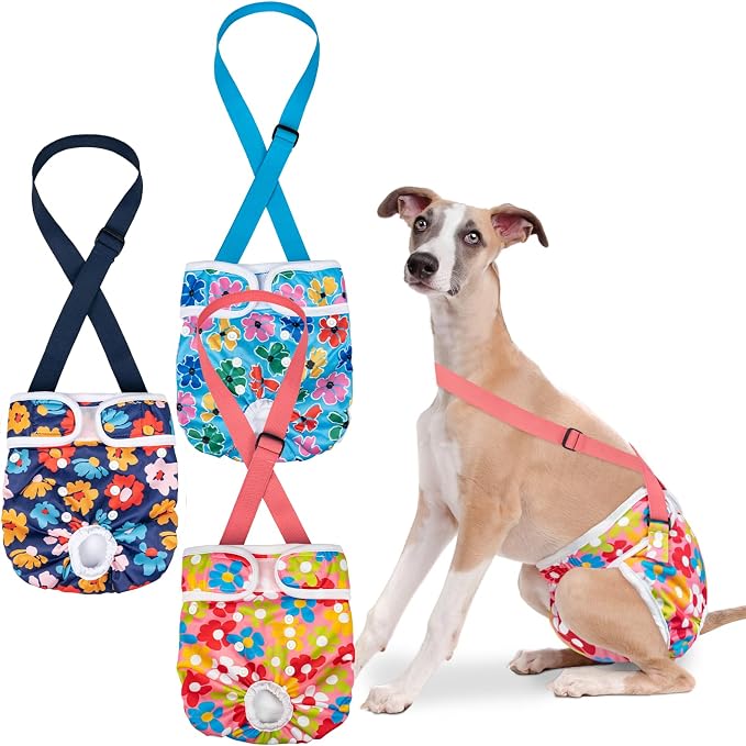 Pet Soft Dog Diapers Female with Suspenders, 3 Pack Reusable Female Dog Diapers for Heat, Dog Period Panties for Doggie in Cycle(Large, Floral)
