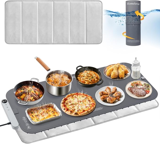 Homelove Warming Mat for Food - Electric Warming Tray with 7-Level Temperature and 6-Level Hours Setting, Full Surface Heating, Waterproof Dishwasher-Friendly Food Warmer for Parties, Kitchen (Grey)
